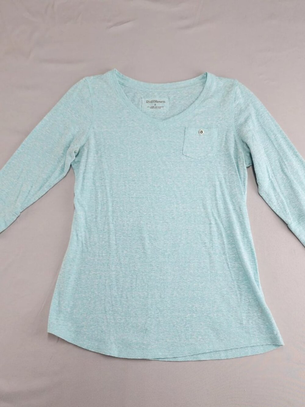 RuffHewn Women's S Aqua Blue Heathered V-Neck 3/4 Sleeve T-Shirt Chest Pocket